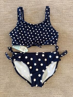 NWT Cat & Jack Navy and White Polka Dot Two-Piece Swim Set Sz L 10/12